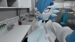 1girls 3d annoyed_expression big_breasts blue_hair cleavage dr._voir female gardevoir glasses laboratory large_breasts pokemon pokemon_(species) shiny_pokemon solo vrcgooner06 vrchat