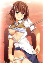 biribiri blush bondage bound breasts cum cum_on_arm cum_on_body cum_on_breasts cum_on_hair cum_on_thighs electricity female hair_ornament hairpin highres homura_k looking_at_viewer misaka_mikoto nipples panties solo striped striped_panties sweater_vest to_aru_kagaku_no_railgun to_aru_majutsu_no_index underwear undressing