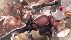 action_pose ass ass_cleavage ass_focus ass_visible_through_thighs bewitching_thighs breasts brown_hair cute gun high_heels latex latex_gloves latex_thighhighs long_hair maid maid_outfit maid_uniform purple_eyes ripped_clothing see-through sideboob skin_tight stockings thighs twintails uniform vagina vagina_focus vagina_visible_through_clothing