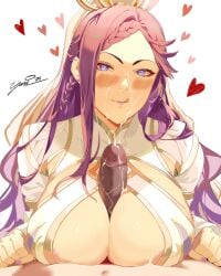 1boy 1girls alternate_costume blush braid braided_ponytail breasts breasts_squeezed_together cleavage cleavage_cutout clenched_hands closed_mouth clothing_cutout cum cum_on_body cum_on_breasts curvy dress earrings ejaculation facial female female_focus fire_emblem fire_emblem_heroes gold_trim hair_ornament handsfree_paizuri heart heart-shaped_pupils highres huge_breasts jewelry licking_lips lips loki_(fire_emblem) loki_(trickster_god)_(fire_emblem) long_hair long_sleeves looking_at_viewer male male_pov nintendo nude official_alternate_costume paizuri paizuri_under_clothes penis pov pov_crotch purple_eyes purple_hair purple_nails sideboob signature single_braid smile solo_focus straight symbol-shaped_pupils tongue tongue_out uncensored upper_body white_background white_dress yusi_vishnu