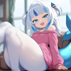 ai_generated ameanon bare_shoulders blue_eyes blue_nails gawr_gura hololive hololive_english hololive_myth pantyhose shark_girl shark_tail shark_teeth sharp_teeth sitting sweater thick_thighs virtual_youtuber vtuber white_hair white_pantyhose