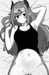 ai_generated armpits arms_above_head bed black_eyes bottomless bush glasses horns knightnyan laying_down long_hair looking_at_viewer monochrome navel pov pussy shy tagme tanktop