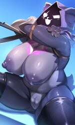 3:5 anthro areola bear biped blue_background blush breasts clothing epic_games erect_nipples female fortnite fur genitals hi_res hood legwear mammal nipples open_mouth open_smile purple_body purple_fur purple_tail pussy raven_team_leader scar shadow short_tail simple_background smile solo tail thigh_highs yurari_yr
