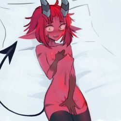 black_legwear black_stockings black_tail blush covering_crotch demon_girl elf_ears embarrassed embarrassed_nude_female horns imp_tail nradiowave nude nude_female red_body red_hair red_skin small_breasts stockings white_sclera yellow_eyes