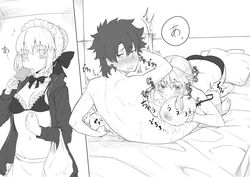 absurdres araki_jeccy artoria_pendragon artoria_pendragon_(lancer) artoria_pendragon_(swimsuit_rider_alter) bag bikini blush caught drooling fate/grand_order fate_(series) fellatio female food fujimaru_ritsuka_(male) greyscale highres imminent_oral implied_fellatio implied_oral maid_headdress monochrome multiple_girls nipples nude on_bed oral oral_insinuation oral_invitation paizuri panties popsicle shopping_bag short_hair swimsuit underwear