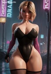 1girls ai_generated blonde_hair blue_eyes bodysuit breasts cleavage curvy curvy_figure eyebrow_piercing fishnets gothic gwen_stacy large_breasts latex leotard light-skinned_female lingerie marvel minomixai multicolored_hair outdoors partially_clothed piercing rain raining short_hair solo spider-gwen spider-gwen_(spider-verse) spider-man:_into_the spider-verse standing thick_thighs thighhighs tight_clothing wet wide_hips