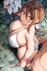 1boy 1girls absurdres artist_name ass ass_grab bare_shoulders belko bikini blush breasts brown_hair butt_crack censored cleavage clothed_female_nude_male collarbone dated female grabbing_another&#039;s_ass green_eyes hair_between_eyes hair_ribbon hand_on_another&#039;s_ass handjob highres huge_breasts light-skinned_female light-skinned_male light_skin long_hair looking_at_viewer looking_back miko mosaic_censoring nude original original_character outdoors parted_lips penis ribbon shrine_maiden sidelocks straight sweat swimsuit testicles white_bikini