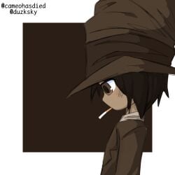 1boy anime_style big_hat brown_eyes brown_hair brown_hat brown_skin brown_topwear chimbley_sweep cigarette cigarette_in_mouth hat male male_only not_porn self_upload sfw side_view smoking_cigarette young