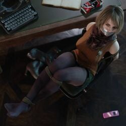 3d 3d_(artwork) ashley_graham ashley_graham_(ella_freya) background bondage bound bound_arms bound_legs breasts capcom chair chair_bondage green_skirt ironlawbringer light-skinned_female light_skin looking_at_viewer phone pink_phone resident_evil resident_evil_4 resident_evil_4_remake rope rope_bondage scarf skirt submissive submissive_female tape tape_bondage tape_gag taped_mouth thighs typewriter video_game