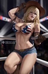 athletic_female audience blonde_hair blue_eyes cowboy_hat cowgirl crowd dead_or_alive exhibitionism exhibitionist fit_female glowing large_breasts long_hair public public_nudity short_shorts solo thick_thighs tina_armstrong topless uruka_18 voluptuous wrestling_ring