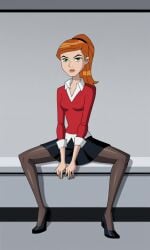 1girls ai_generated black_skirt breasts business_suit business_woman female female_focus female_only ginger ginger_hair gwen_tennyson long_hair medium_breasts orange_hair pantyhose red_clothing red_hair shoes