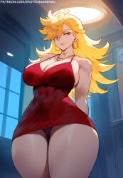 ai_assisted ai_generated bare_legs bare_shoulders big_breasts blonde_hair curvy erotic_nansensu long_hair panties panty_&_stocking_with_garterbelt panty_anarchy pantyshot red_dress short_dress thick_thighs