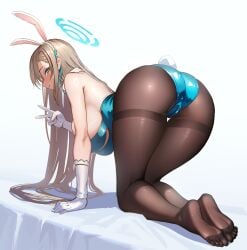 absurdres animal_ears ass asuna_(blue_archive) asuna_(bunny)_(blue_archive) blue_archive blue_bow blue_bowtie blue_halo blue_leotard blush bow bowtie breasts cameltoe cleaning_&_clearing_(blue_archive) fake_animal_ears feet female halo highres huge_ass kuroyara large_breasts leotard light_brown_hair looking_at_viewer millennium_science_school_student official_alternate_costume playboy_bunny rabbit_ears smile strapless strapless_leotard traditional_bowtie v