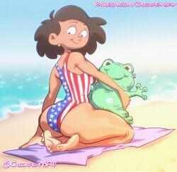1girls 2024 4th_of_july american_flag_bikini amphibia asian_female ass barefoot beach big_ass big_butt brown_hair butt chickpea color colored dark-skinned_female digital_drawing_(artwork) earrings feet female female_only huge_ass huge_butt kneeling looking_at_viewer milf ocean oum_boonchuy sfw smile soles swimsuit toes towel