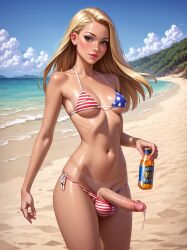 1futa 4th_of_july ai_generated american_flag_bikini ball_bulge balls balls_in_panties balls_under_clothes beach beer big_penis blonde_hair breasts dickgirl erect_penis erection futa_only futanari intersex looking_at_viewer makychan mostly_clothed outdoors outside panties panty_bulge partially_clothed patriotic_clothing penis penis_out precum precum_drip small_breasts