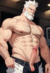 ai_generated beard biceps big_arms big_balls big_cock big_muscles big_penis black_eyes closed_mouth horny house male masculine masculine_male masturbation muscles muscular muscular_male nude nude_male old_man older_male pants pants_down solo solo_male standing straight_hair white_beard white_hair