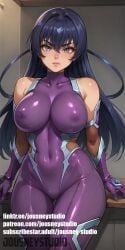 ai_generated akiyama_rinko bangs bare_shoulders black_hair blue_hair bodysuit breasts cameltoe closed_mouth clothing covered_collarbone covered_navel cowboy_shot elbow_gloves english_text erect_nipples erect_nipples_under_clothes female female_only fishnets gloves hair_between_eyes igawa_asagi impossible_bodysuit impossible_clothes jousneystudio large_breasts leotard lips long_hair looking_at_viewer ninja nipples patreon_username purple_bodysuit purple_eyes shiny shiny_clothes skin_tight solo standing taimanin_(series) taimanin_asagi taimanin_suit taimanin_yukikaze thighs