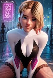 1girls ai_generated all_fours blonde_hair blue_eyes bodysuit cleavage clothed eyebrow_piercing fishnets gwen_stacy large_breasts light-skinned_female lingerie lips marvel minomixai multicolored_hair on_knees outdoors piercing rain raining short_hair solo solo_focus spider-gwen spider-gwen_(spider-verse) spider-man:_into_the_spider-verse superhero superheroine thick_lips thick_thighs thighhighs