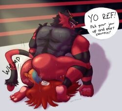 anal anthro ass biceps big_butt bodily_fluids body_hair butt_hair dialogue duo english_text facesitting fangs feet fighting_ring forced generation_6_pokemon generation_7_pokemon glistening glistening_body hawlucha incineroar male male/male motion_lines muffled muscular musk musk_clouds nintendo oral pawpads pinned pokemon pokemon_(species) public rimming scruffymusk sex shadow sitting_on_another smile sound_effects speech_bubble spotlight stripes sweat sweatdrop sweaty_butt teeth text thick_thighs tongue tongue_out triceps wrestling
