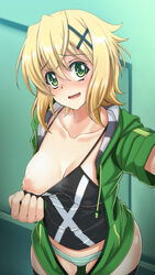 akatsuki_kirika arm_up background blonde_hair blush breasts clothing collarbone female from_above green_eyes hair_ornament hairclip hood hoodie human indoors large_breasts looking_to_the_side nipples no_pants open_clothes open_hoodie open_mouth panties pointy_chin raised_eyebrows senki_zesshou_symphogear shirt_pull short_hair shunzou smile solo standing striped striped_panties sweat teal_background thighhighs underwear