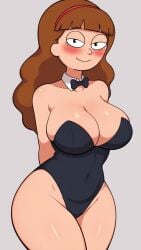 ai_generated arms_behind_back awlnsfw bangs black_eyes blush blush_lines blushing_at_viewer bowtie bowtie_collar breasts brown_hair bunnysuit cleavage collarbone costume cute genderswap_(mtf) hands_behind_back hands_behind_head inner_boob innerboob light-skinned_female light_skin looking_at_viewer medium_hair morticia_smith morty_smith navel one-piece_swimsuit presenting_breasts red_hairband rick_and_morty rule63 rule_63 self_upload shiny_breasts shiny_skin shiny_thighs skin_tight smile smiling smiling_at_viewer thick_thighs thighs yellow_shirt