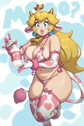 1girls armwear ass big_ass big_breasts bikini blonde_hair blue_eyes breasts cow_ears cow_print cow_print_bikini cow_tail cowbell earrings elbow_gloves female gloves hi_res horns long_hair looking_at_viewer mario_(series) milk nintendo princess princess_peach rizdraws skindentation slightly_chubby solo thick_lips thick_thighs thighhighs wide_eyed wide_hips