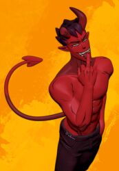 1boy abs arrogant broken_horn cocky damien_lavey demon demon_horns demon_tail finger_on_tongue flipping_viewer_off hand_in_pocket horn imyeelan licking_finger looking_at_viewer male male_only middle_finger mischievous_smile monster_prom muscular naughty_face orange_background pants pointy_ears purple_hair red_skin smile smiling_at_viewer smirk smirking_at_viewer solo solo_male standing sticking_out_tongue tail teeth tongue tongue_out topless