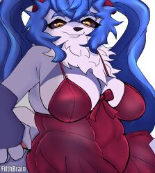 absurd_res anthro big_breasts breasts canid canine clothing confident female female/female filthbrain fox hi_res houdininani lingerie mammal slightly_chubby slightly_chubby_anthro smile smiling_at_viewer smirk smirking_at_viewer solo