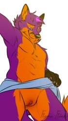 1cuntboy 2016 anthro armpits black_nose blue_eyes bottomless_skirt canine clitoral_hood clothed clothing cuntboy cuntboy_only exposed flynx-flink fur intersex mammal no_panties orange_fur purple_fur pussy simple_background skirt skirt_lift solo topless white_background