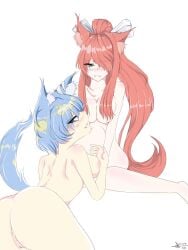 2girls 5_fingers anus ass back bare_shoulders blue_eyes blush breasts butt crunnix doki_doki_literature_club earth-chan females females_only green_eyes long_hair monika_(doki_doki_literature_club) nipples pussy