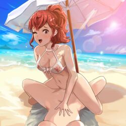 2girls ;d anna_(fire_emblem) anna_(fire_emblem_fates) bare_shoulders beach bikini bikini_top black_eyes bottomless breasts cleavage drooling female female_only female_pov fire_emblem fire_emblem_fates front-tie_top girl_on_top hairless_pussy head_out_of_frame large_breasts lesbian lying multiple_girls navel nintendo nude on_back one_eye_closed outdoors pov pussy pussy_juice red_hair sex spread_legs straddling sunbeam_(artist) thigh_straddling tribadism uncensored water white_bikini wink yuri