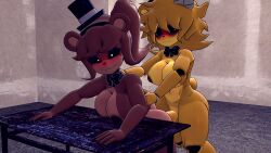 3d anthro balls bent_over bent_over_table black_eyes blush blushing_at_viewer breasts brown_fur brown_hair edger five_nights_at_freddy's freddy_(fnaf) fredina's_nightclub from_behind furry futanari golden_freddy_(fnaf) looking_at_viewer naked_female penis sex yellow_fur yellow_hair