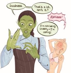 2girls after_sex blush bra bra_only braid braided_hair clothed clothed_female cum cum_on_face cum_on_hand ear_wiggle elf elf_ears elf_female elf_girl elphaba embarrassed female female_only full-face_blush glasses glinda goatedsaminator green_body green_skin how_do_i_tag_ts implied_handjob implied_sex no_visible_genitalia pink_bra the_wizard_of_oz wicked yuri