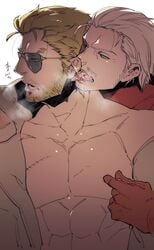 2boys abs bara cum cum_in_mouth cum_on_body facial_hair kazuhira_miller licking male male_only metal_gear_solid multiple_boys muscle muscles pecs revolver_ocelot tagme tongue undressing yaoi