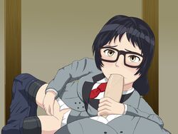 black_hair clothed_sex clothing fellatio female glasses kajou_ayame masturbation open_mouth oral penis school_uniform shimoneta_to_iu_gainen_ga_sonzai_shinai_taikutsu_na_sekai short_hair skirt spread_legs