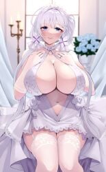 azur_lane blue_eyes blurry blurry_background breasts dress female garter_straps hands_on_own_chest highres huge_breasts illustrious_(azur_lane) indoors jewelry looking_at_viewer milf mole mole_under_eye navel ring sitting smile solo thighhighs thighs tiara wee_(weeyy) white_dress white_hair white_thighhighs window