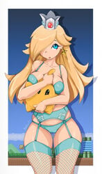 1girls 1other curvy cute female female_focus hugging krakenparty lingerie long_hair luma mario_(series) nintendo princess_rosalina standing super_mario_bros. super_mario_galaxy underwear underwear_only