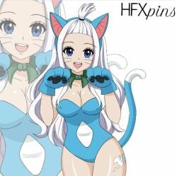 cat_ears cat_tail cosplay fairy_tail fairy_tail_mark happy_(fairy_tail)_(cosplay) hfxpins mirajane_strauss neko tattoo tattoo_on_leg tattoo_on_legs tattooed_leg white_hair white_tattoo