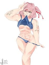 1girls 5_fingers abs bandaid bandaid_on_nose buff buff_female buffsuki crunnix doki_doki_literature_club english_text female female_abs female_only human natsuki_(doki_doki_literature_club) navel peace_sign pink_eyes pink_hair solo text text_on_body