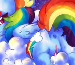 2016 anus ass cloud cutie_mark equine feathered_wings feathers female friendship_is_magic frown fur hair horse iroxykun looking_at_viewer looking_back mammal multicolored_hair my_little_pony night nude outside pegasus pony pussy pussy_juice rainbow_dash_(mlp) rainbow_hair raised_tail sky solo space straight_hair wet wings