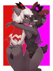 absurd_res anthro bell bell_collar black_hair bodily_fluids bovid bulge cape caprine clothing collar crown cult_of_the_lamb curved_horn dock_(anatomy) duo femboy french_kissing fur genitals goat goat_(cult_of_the_lamb) grey_body grey_fur hair headgear hi_res horn hug kissing lamb_(cult_of_the_lamb) male male/male mammal massive_monster_(studio) penis penis_base red_crown ricky945 saliva saliva_string sheep tail tongue tongue_out underwear white_body white_fur white_hair
