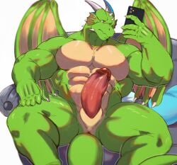 2020s 2023 5_fingers abs anthro anthro_only bara barazoku biceps big_muscles big_pecs completely_nude completely_nude_male digital_drawing_(artwork) digital_media_(artwork) dragon dragon_horns dragon_wings erection featureless_chest frill_(anatomy) frills green_body green_scales holding_object holding_phone horns humanoid_genitalia humanoid_penis hunk large_pectorals looking_at_phone male male_only manly membrane_(anatomy) membranous_wings monochrome_kg muscles muscular muscular_anthro muscular_arms muscular_legs muscular_male muscular_thighs nude nude_male pecs penis penis_out phone reptile scales scalie simple_background sitting sitting_on_sofa sofa solo solo_anthro solo_focus solo_male tail tan_scales two_tone_body two_tone_scales underax white_background white_horns wings yellow_eyes