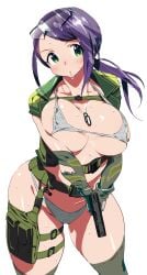 absurdres arm_warmers belt blush bra breasts breasts_apart camouflage chest_belt collarbone covered_erect_nipples cowboy_shot dog_tags female floating_hair goggles goggles_on_head green_belt green_eyes green_jacket green_thighhighs grey_bra grey_panties gun highres holding holding_gun holding_weapon idolmaster idolmaster_cinderella_girls idolmaster_cinderella_girls_starlight_stage jacket large_breasts long_hair looking_at_viewer micro_bra midriff open_clothes open_jacket panties parted_lips ponytail purple_hair short_sleeves simple_background solo standing sweat thighhighs torn_clothes underwear utility_belt weapon white_background yamato_aki zasha