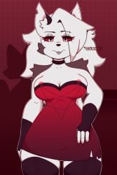 absurd_res anthro big_breasts breasts canid canine canis clothing daki_furry dress ear_piercing female female/female hair helluva_boss hi_res loona_(helluva_boss) mammal markings piercing simple_background solo text thick_thighs white_body white_eyes white_hair wolf