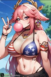 1girls 4th_of_july ai_generated big_breasts bikini bikini_top bubble_blowing bubble_gum chewing_gum cowgirl_position female genshin_impact gum gyaru milf miss_io tattoo tattoo_on_arm yae_miko