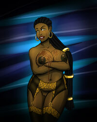 1girls artist_request belly_button big_areola big_breasts big_earrings biting_lip black_areola black_female black_hair chubby_female crossed_arms dark-skinned_female dark_nipples dark_skin earrings female female_only hoop_earrings long_hair looking_at_viewer mound_of_venus mz._thickness red_lips solo_female standing teeth thick_legs voluptuous yellow_earrings yellow_eyes