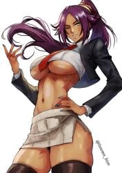 big_breasts bleach dark-skinned_female dark_skin hand_on_hip hand_up insomn_bion looking_at_viewer mature mature_female mature_woman one_eye_closed ponytail purple_hair shihouin_yoruichi smiling suit tan_skin thick_thighs thighhighs thighs thin_waist underboob white_background yellow_body