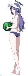 ass back bare_arms bare_back bare_legs bare_shoulders bare_thighs barefoot beach_ball bikini blue_archive blue_bikini blue_eyes blue_hair blush breasts butt_crack feet halo long_hair low_twintails makicha_(sasurainopink) medium_breasts shiny_skin sideboob standing thighs toes visor_cap wet_body wet_hair whistle whistle_in_mouth yuuka_(blue_archive)