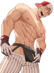 1boy abs backwards_baseball_cap bandaid bandaid_on_face baseball_cap beom_liben black_underwear brown_hair bulge gloves gondom jockstrap looking_at_viewer looking_down looking_down_at_viewer low-angle_view male male_only muscular muscular_arms muscular_male nipples open_mouth open_mouth_smile pants pants_down pecs pubic_hair scar scar_on_face smile smiling_at_viewer solo solo_male standing standing_over_viewer topless underwear