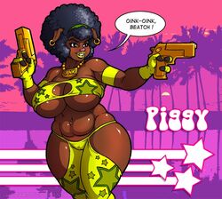 1girls african_female breasts cleavage dark-skinned_female dark_skin demien female furry guns hoop_earrings hourglass_figure large_breasts pig solo tagme